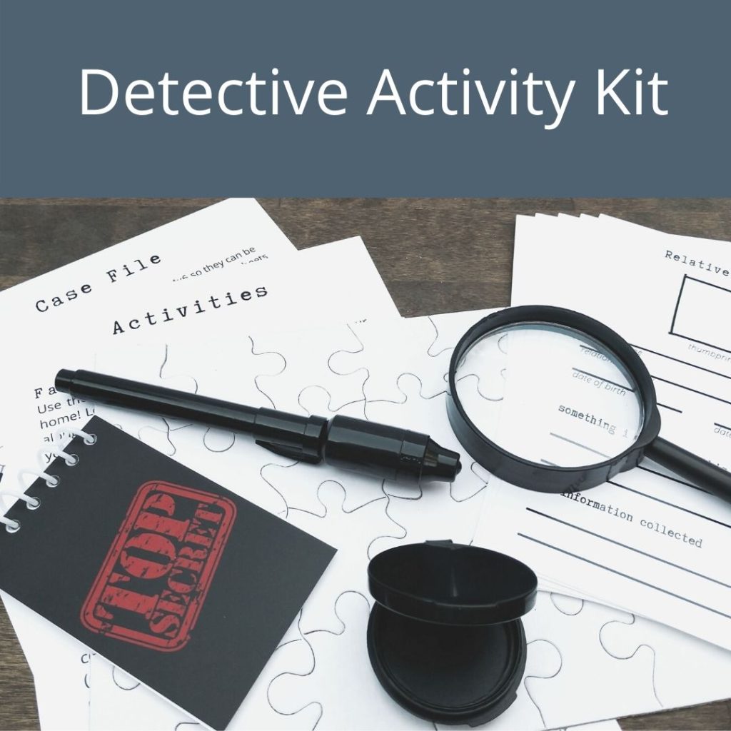Detective Activity Kit contents: invisible ink pen, top secret notebook, DIY puzzle, magnifying glass, ink pad, relative profile cards, several activity ideas and additional resources