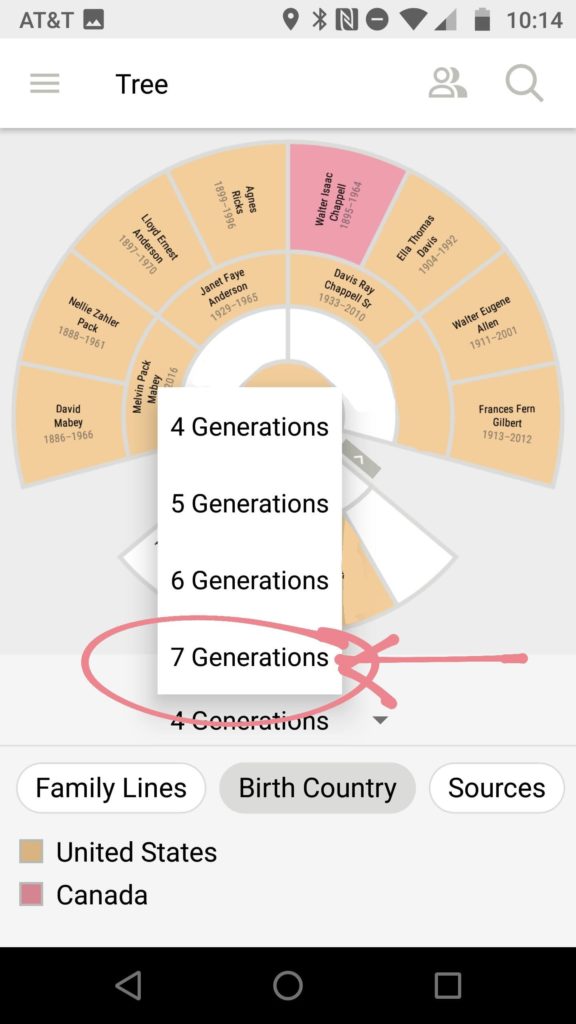 Screenshot showing how many generations you can view in the Family Tree App
