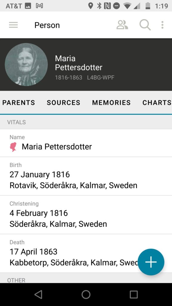 Screenshot of Ancestor page in FamilySearch Family Tree app