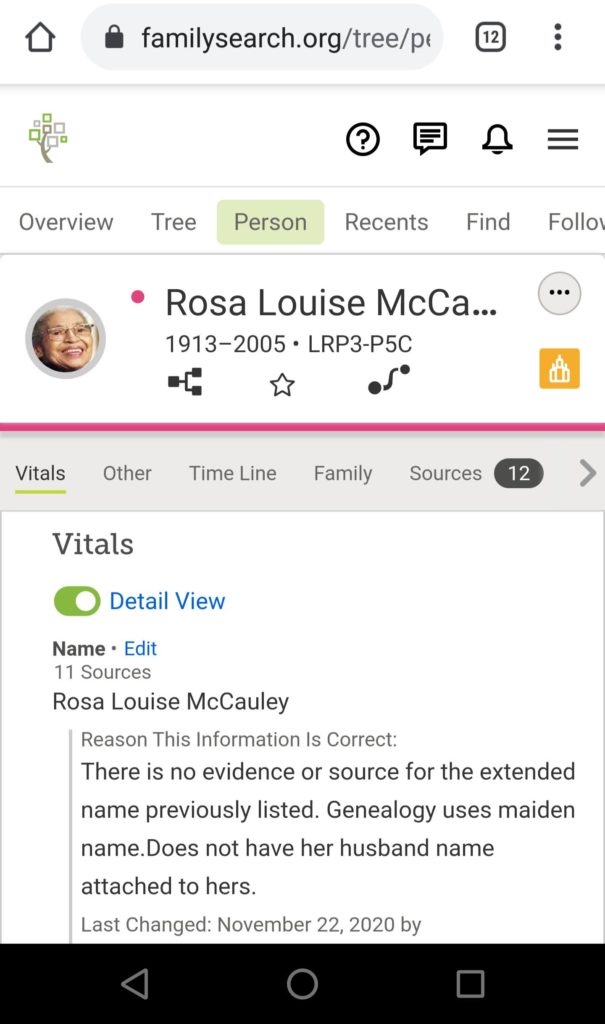 Screenshot of Rosa Parks' FamilySearch Profile