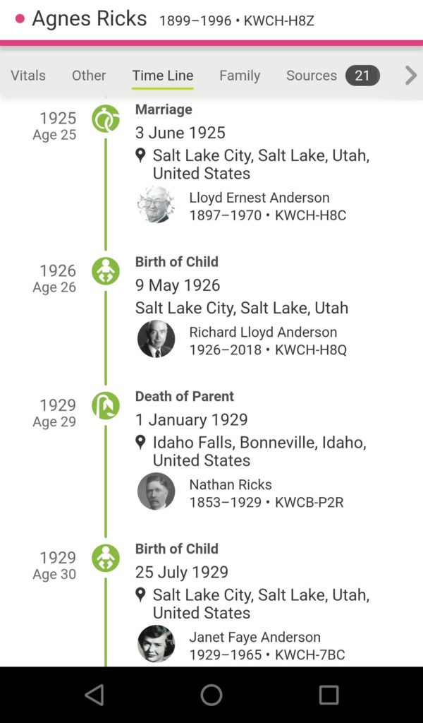 screenshot of ancestor's time line