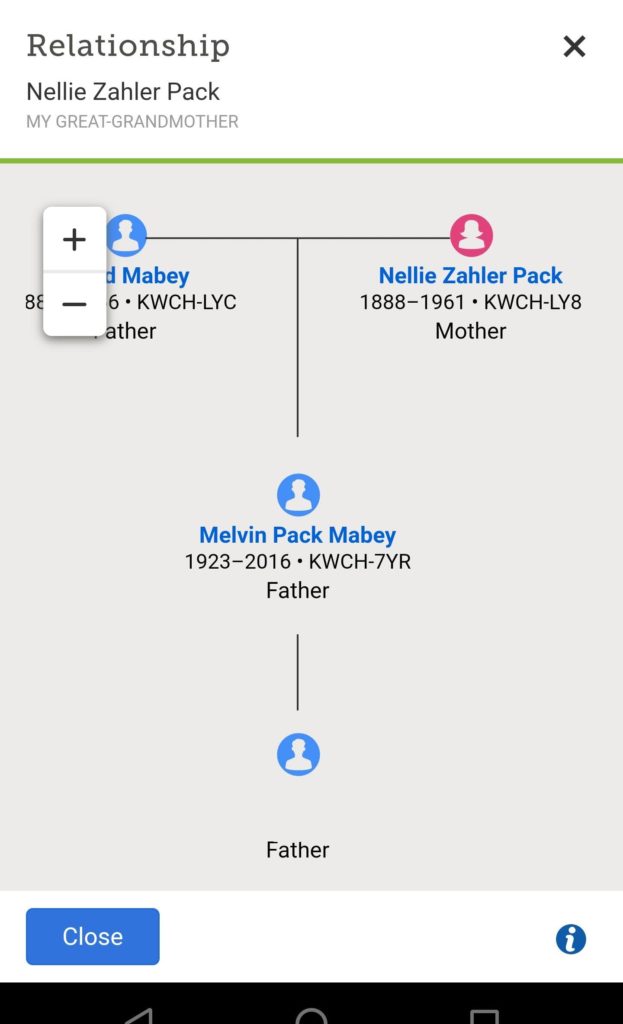 screenshot of FamilySearch pedigree chart showing female ancestor's relationship to me