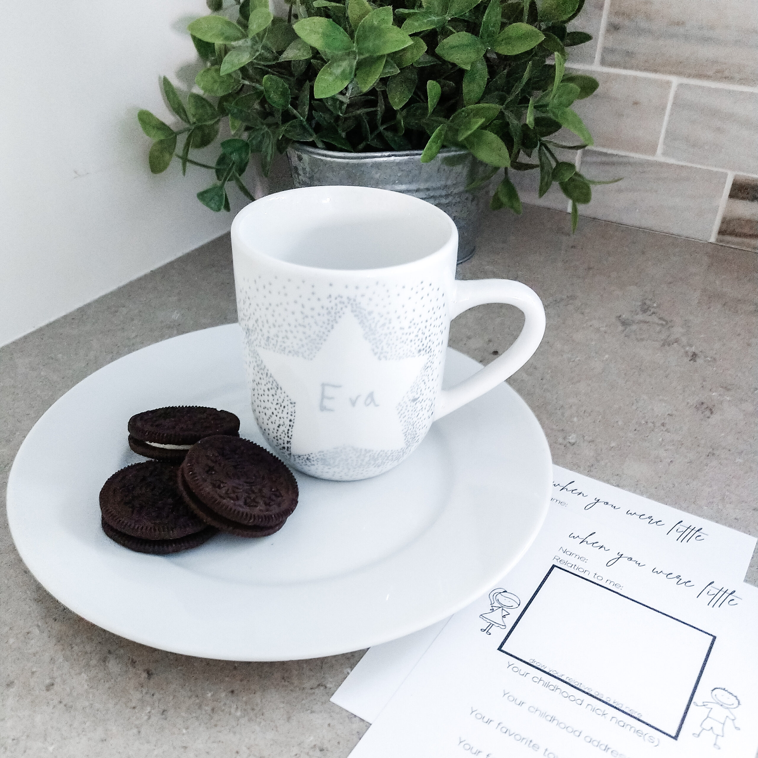 Mug with child's name in a shape with oreos and activity kit printables